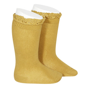 KNEE HIGH SOCKS WITH LACE EDGING CUFF 629 - MUSTARD