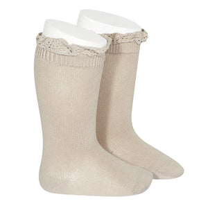 KNEE HIGH SOCKS WITH LACE EDGING CUFF - 334 (STONE)